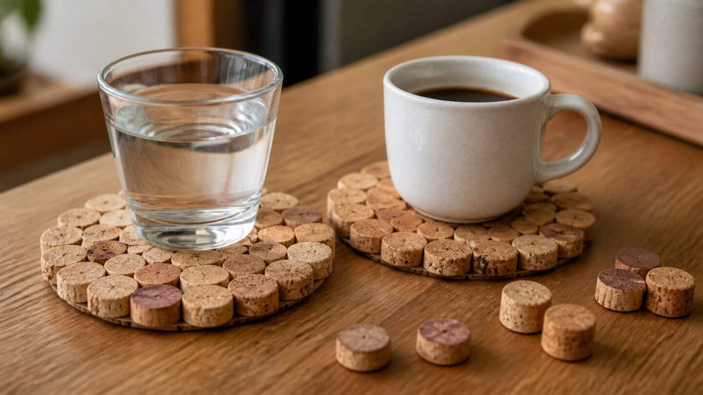 Posavasos de corcho con un vaso de agua y una taza de café sobre una mesa de madera