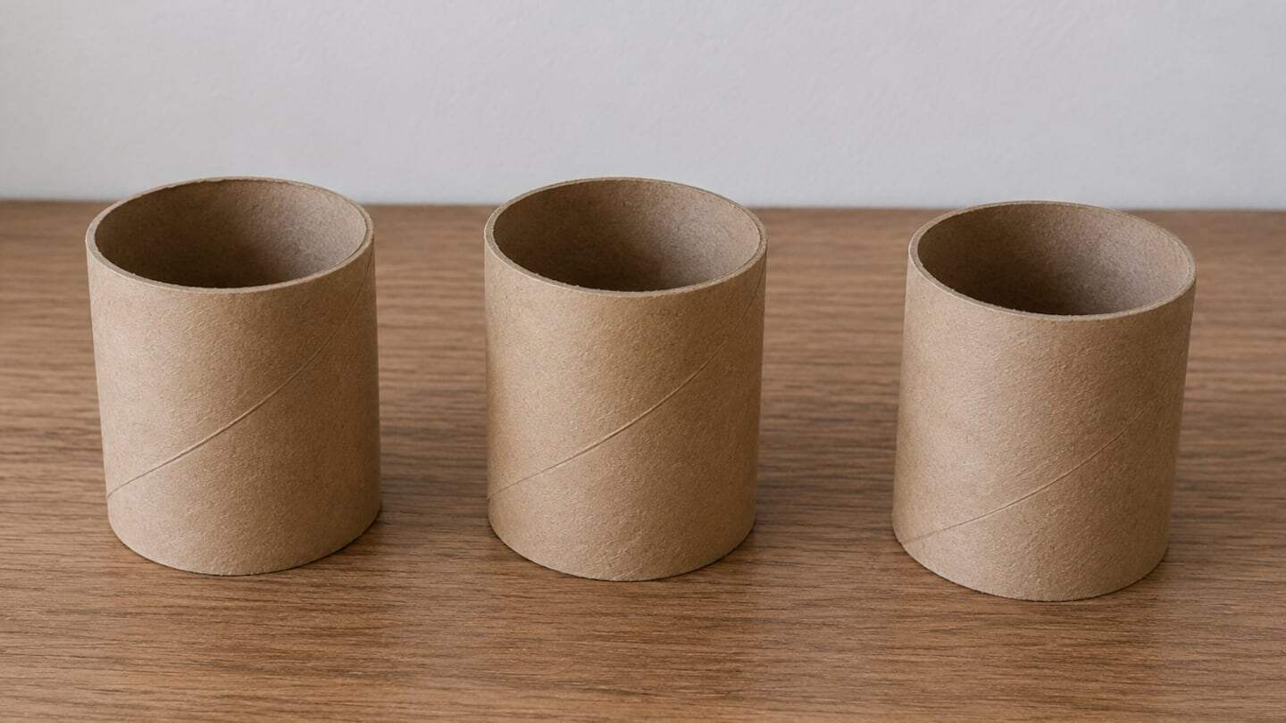 Tres cilindros de cartón de cinta scotch sobre una superficie de madera