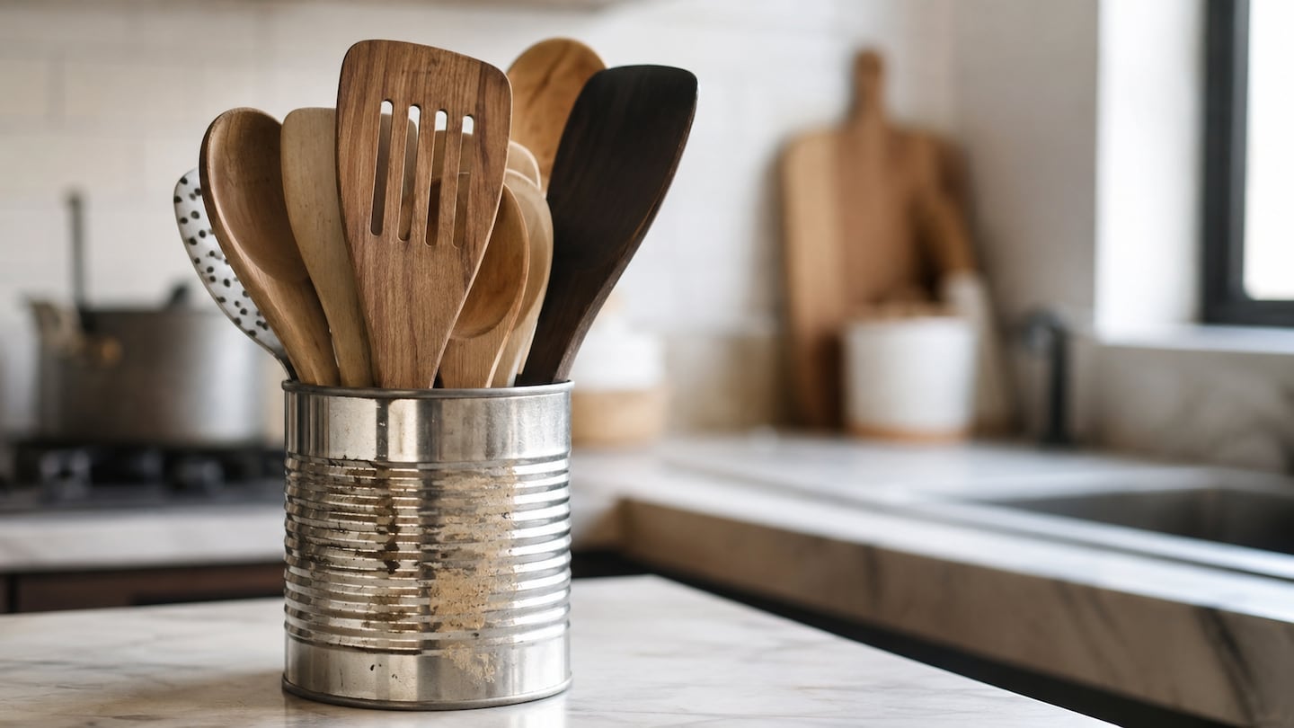 Latas recicladas como organizador de utensilios de cocina
