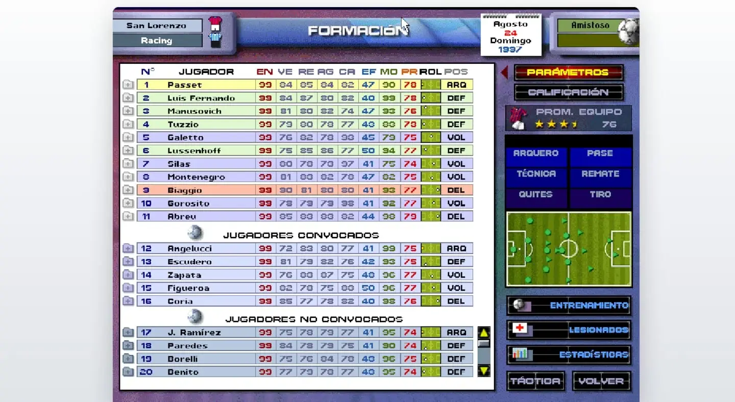 Pantalla del juego PC Fútbol mostrando la formación de un equipo de fútbol