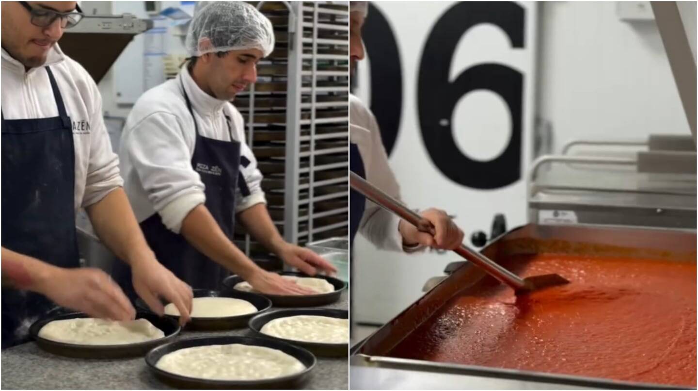 Chef Roberto Petersen y su hijo preparando pizzas al molde en la cocina