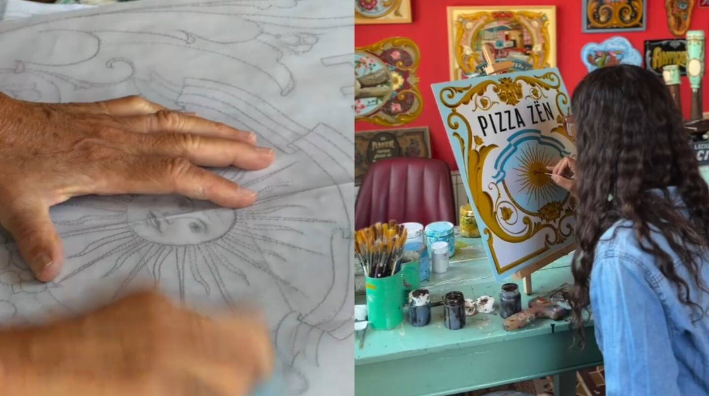 Manos de un artista trabajando en el diseño de una pizzería