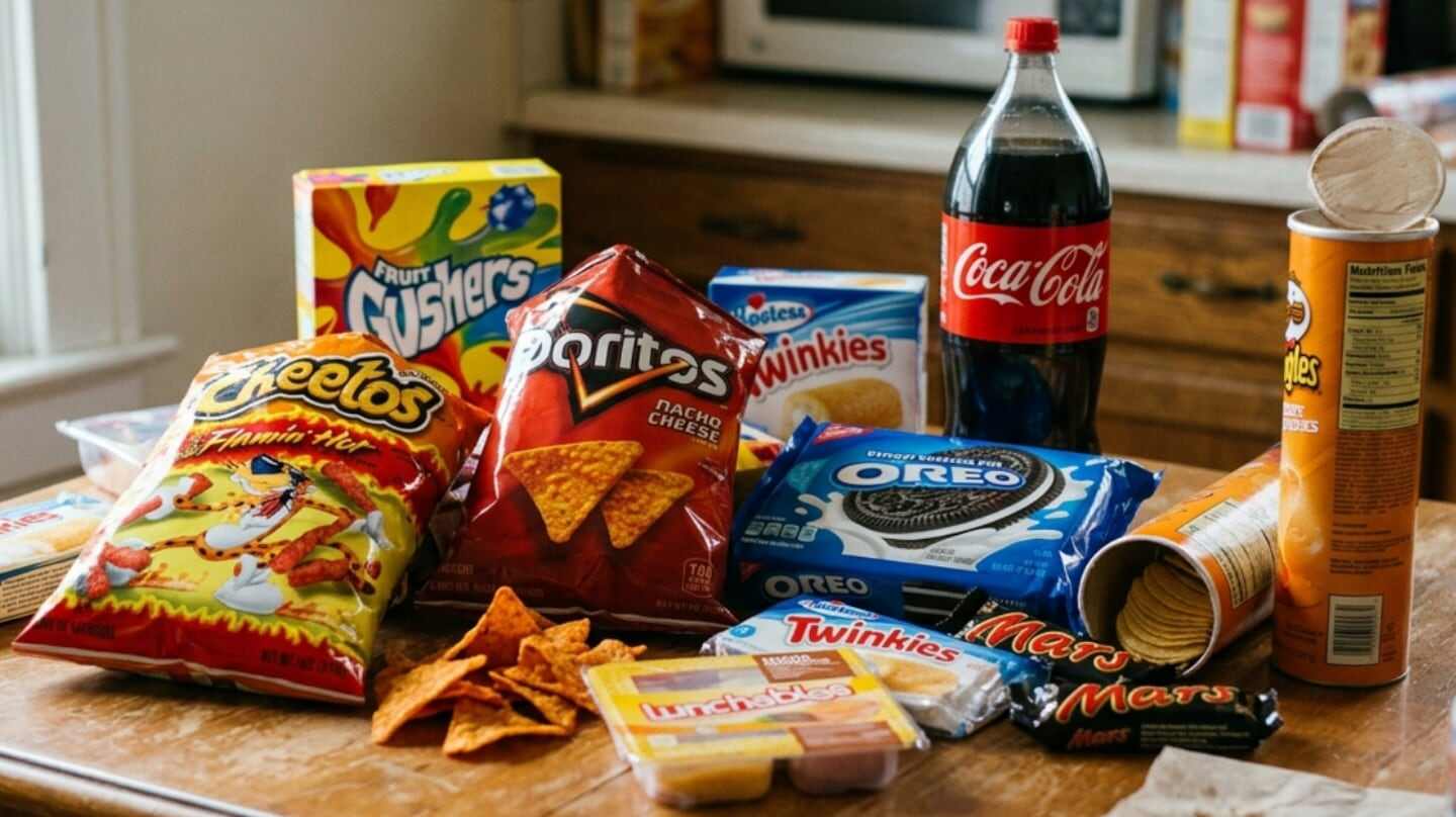 Variedad de alimentos procesados y snacks poco saludables sobre una mesa