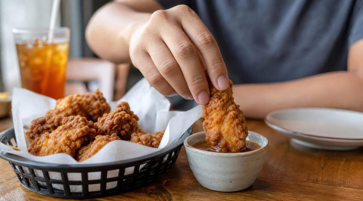 Persona sumergiendo un trozo de pollo frito en salsa, con una cesta de alitas en la mesa