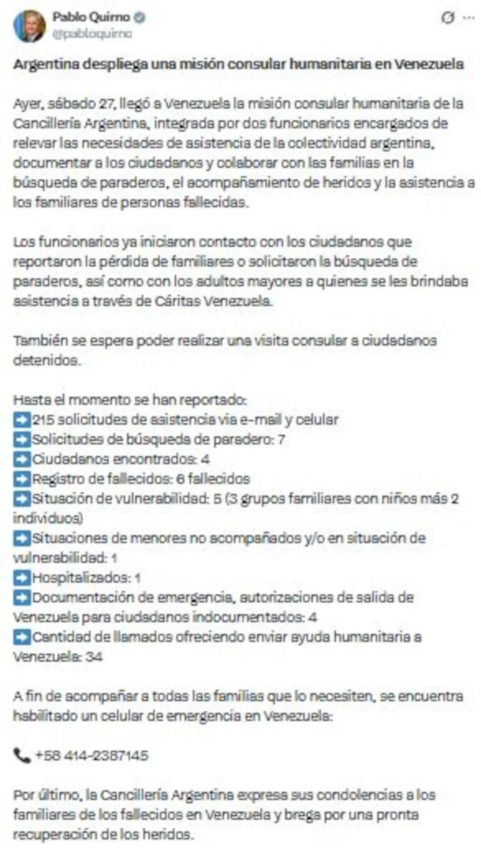 Publicación de Pablo Quirno sobre la misión consular en Venezuela tras los terremotos