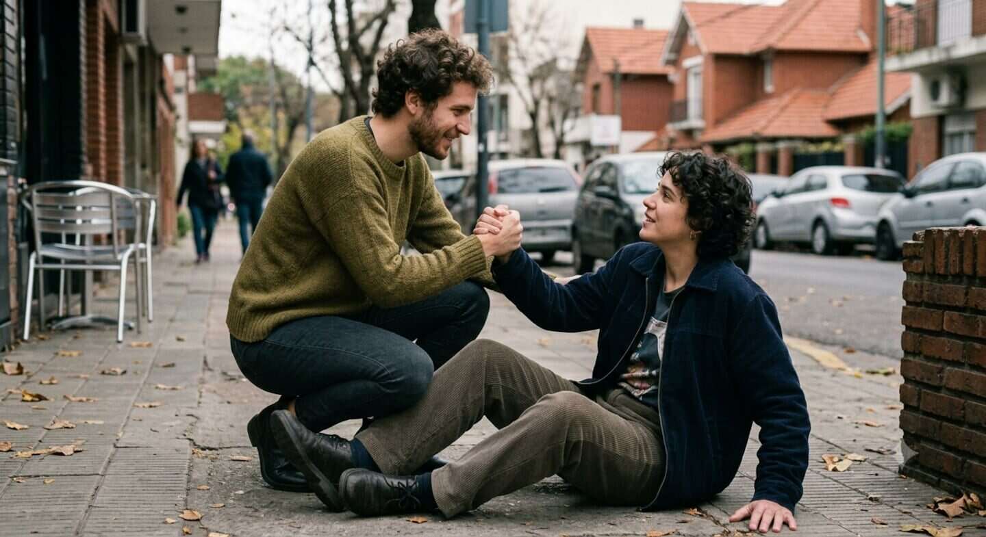 Dos personas en una calle, una de pie ayudando a la otra que está sentada en el suelo