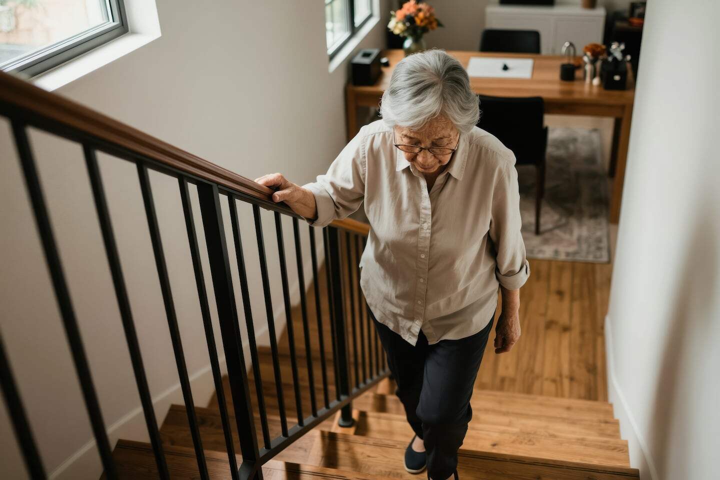 Mujer mayor subiendo escaleras en un hogar moderno