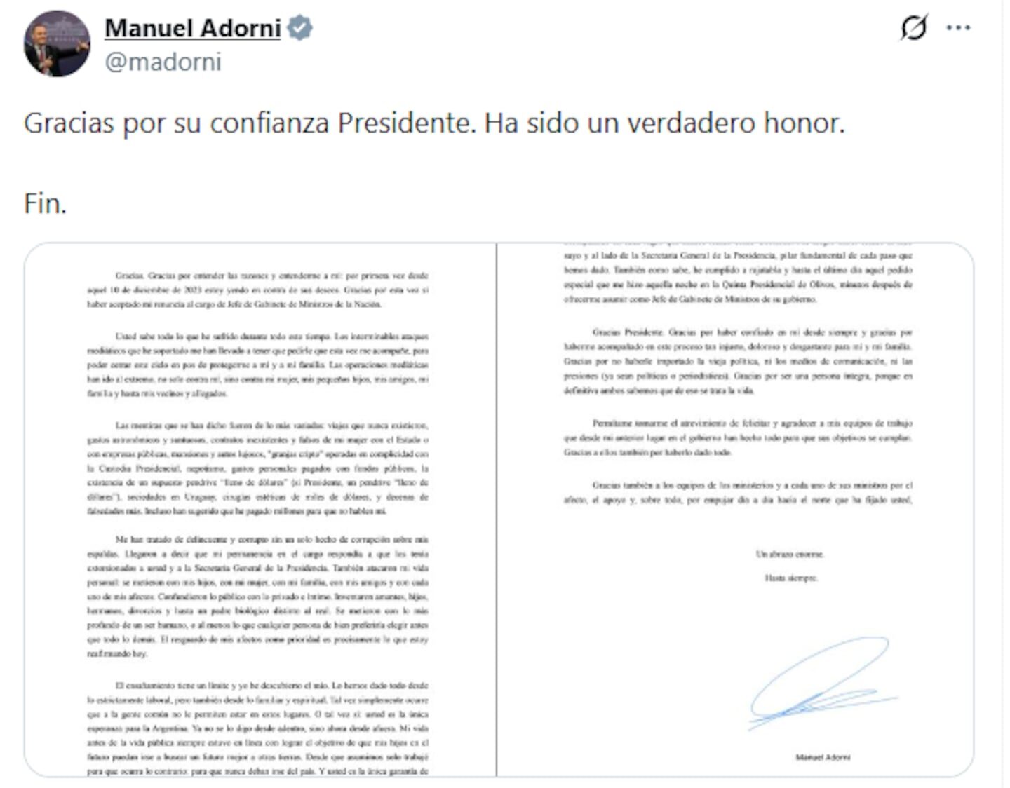 Carta de renuncia de Manuel Adorni agradeciendo al presidente