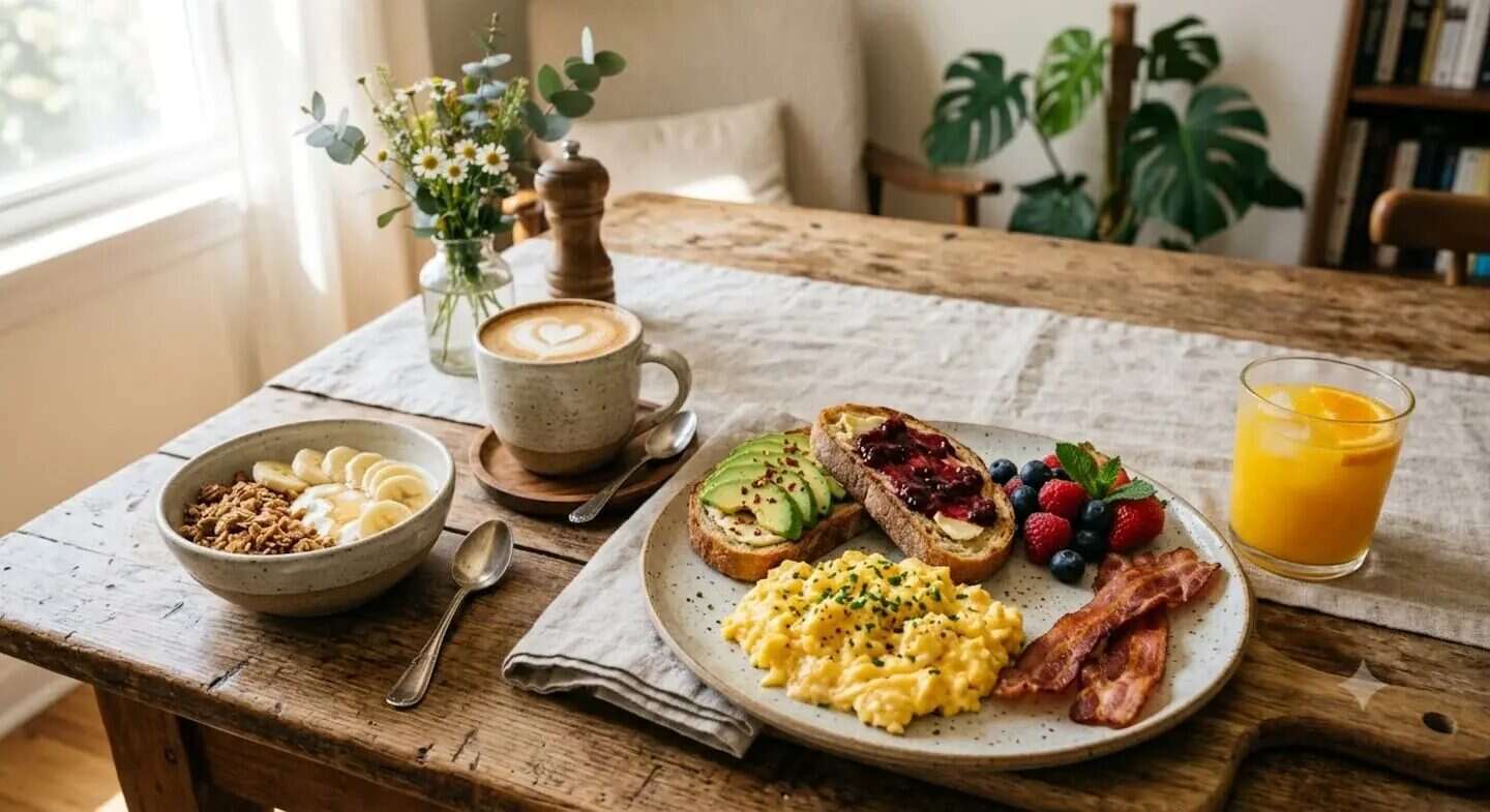 Desayuno equilibrado de Sylvester Stallone con huevos revueltos, tostadas, frutas y bebida