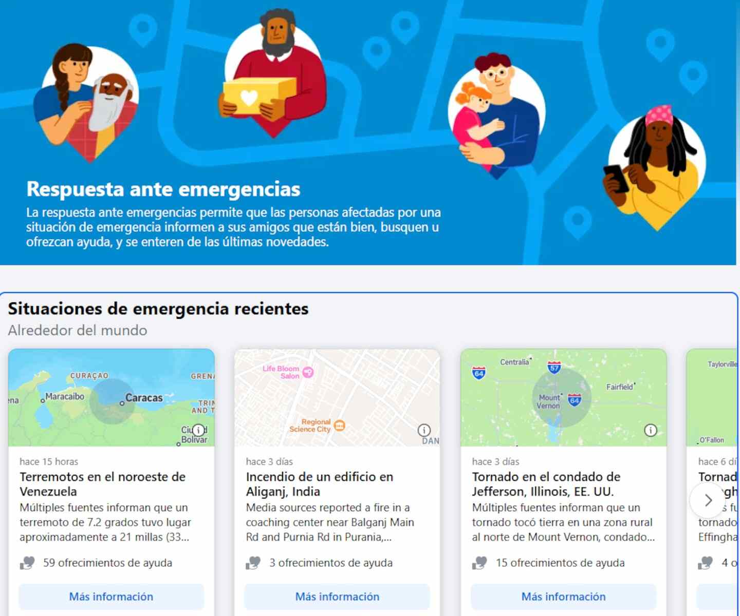 Interfaz de Facebook mostrando información sobre emergencias recientes, incluyendo terremotos en Venezuela