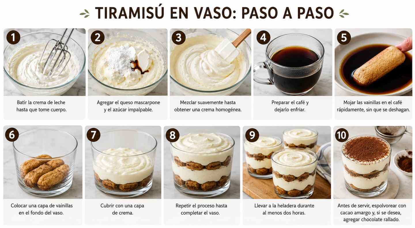 Proceso de preparación del tiramisú en vaso paso a paso