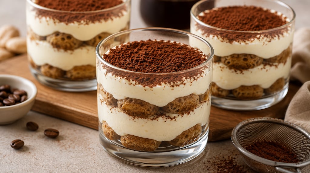 Tiramisú en vaso con capas de crema y vainillas