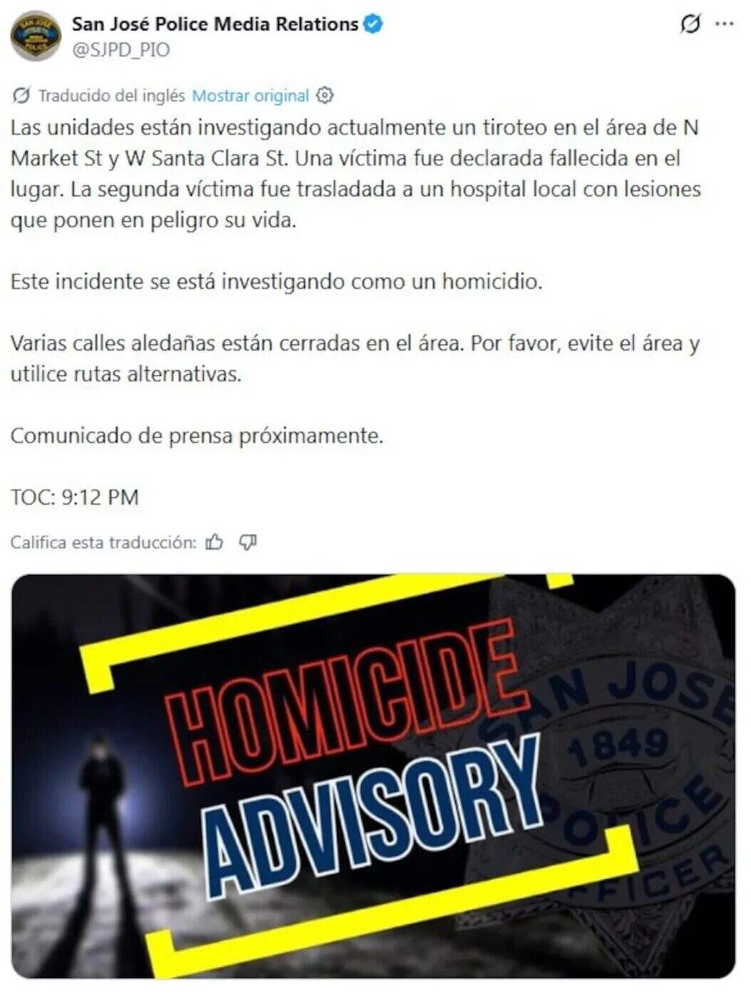 Imagen de un aviso de homicidio en San José, California