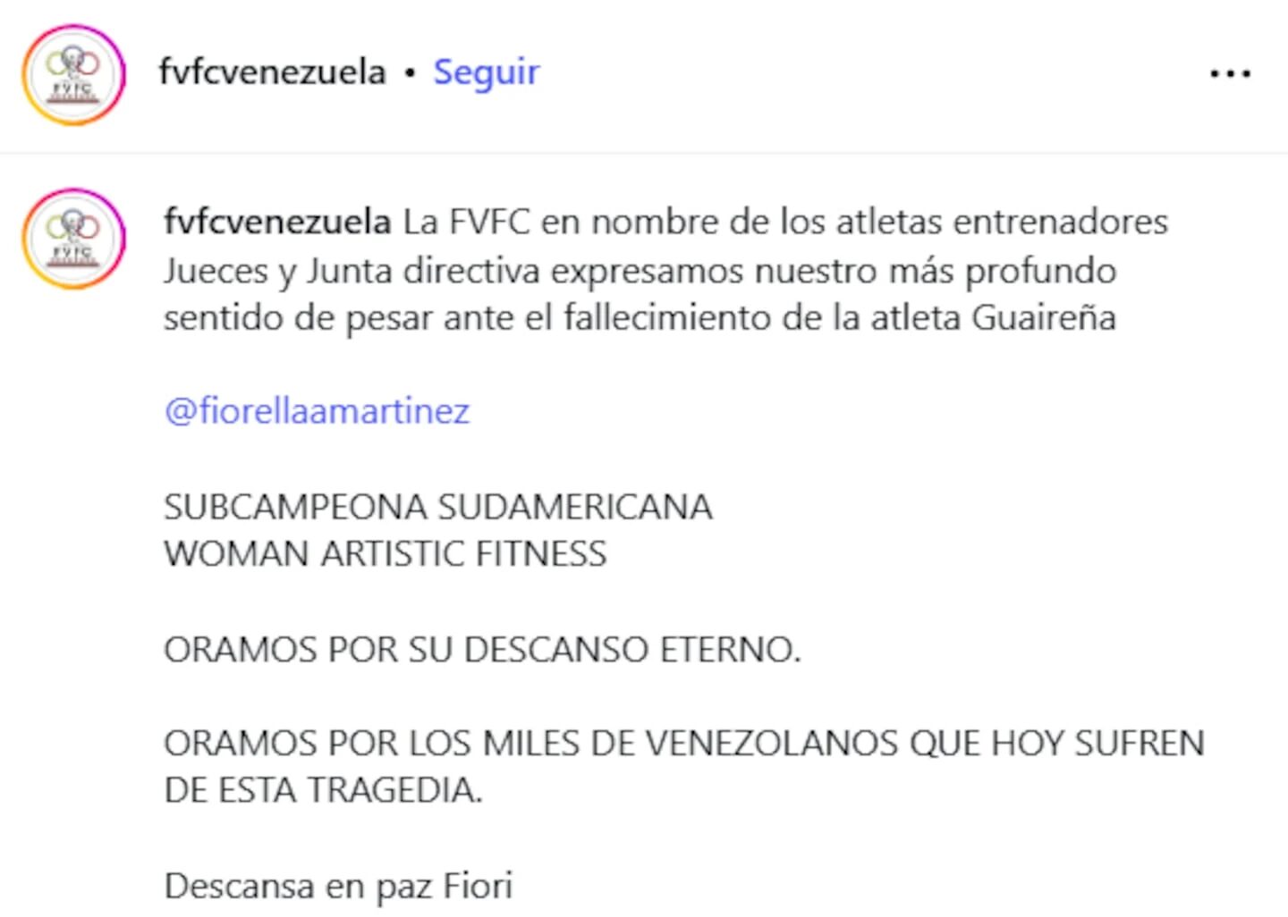 Publicación en redes sociales sobre el fallecimiento de Fiorella Martínez, fisicoculturista venezolana