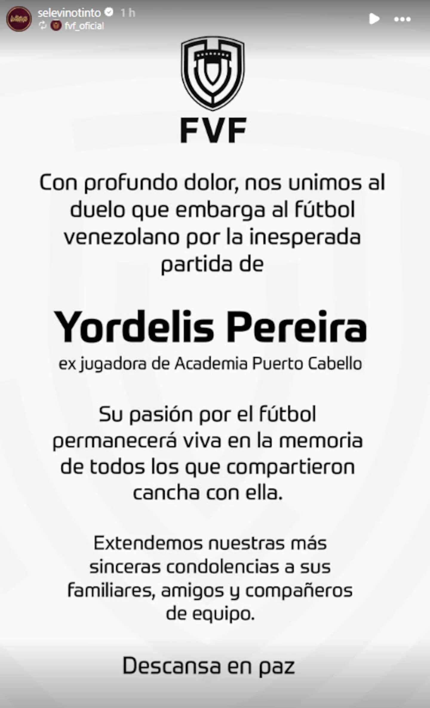 Mensaje de condolencias de la Federación Venezolana de Fútbol por la muerte de Yordelis Pereira