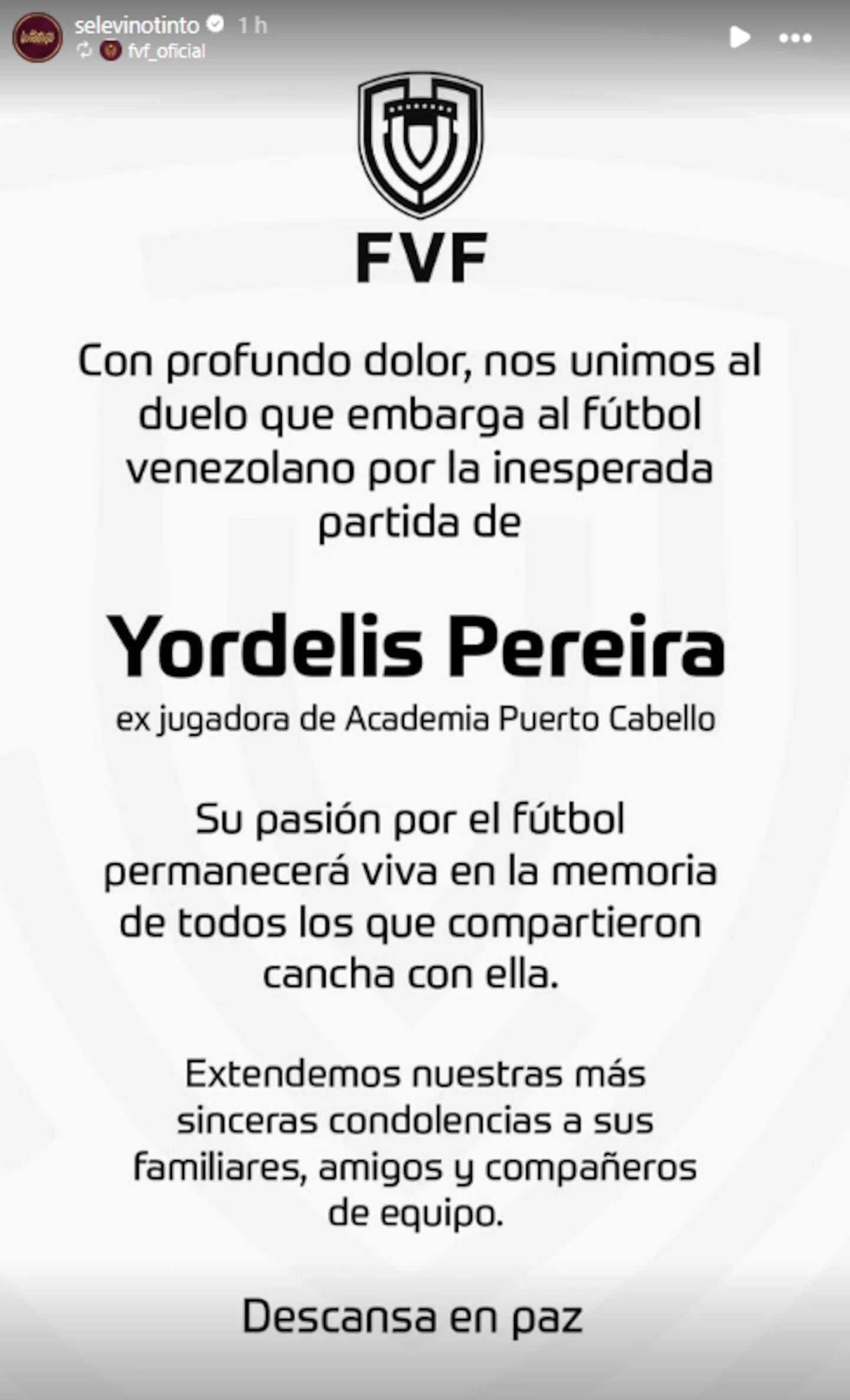 Mensaje de condolencias de la Federación Venezolana de Fútbol por la muerte de Yordelis Pereira