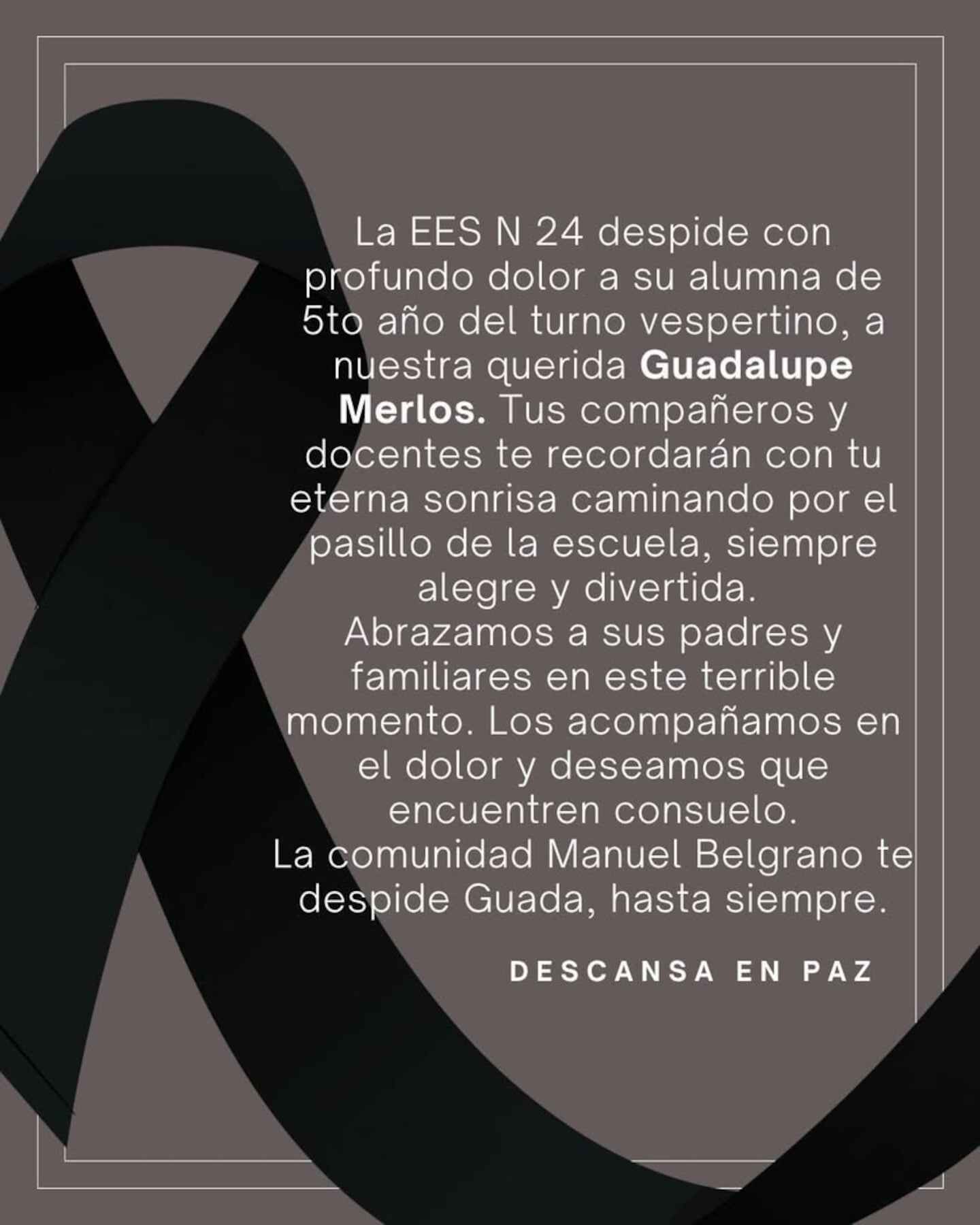 Mensaje de despedida a Guadalupe Merlos de la Escuela Secundaria N° 24 Manuel Belgrano
