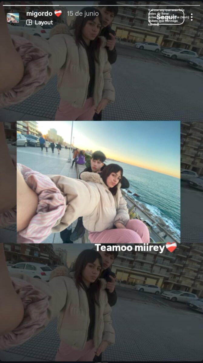 Guadalupe Merlos Dipietro y su pareja en un paseo junto al mar en Mar del Plata