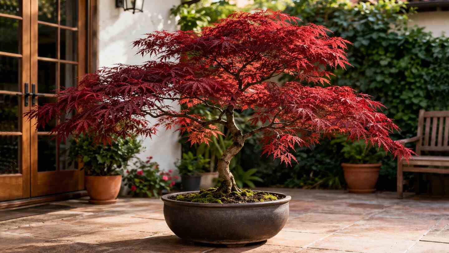 Árbol japonés de arce rojo en maceta en un patio