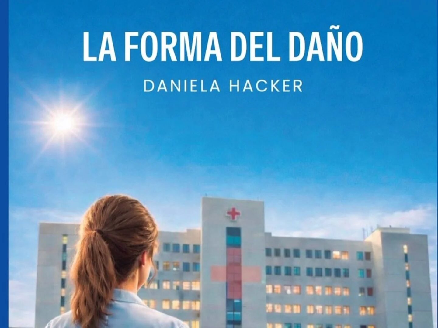 Portada del libro 'La forma del daño' de Daniela Hacker con una mujer mirando un hospital