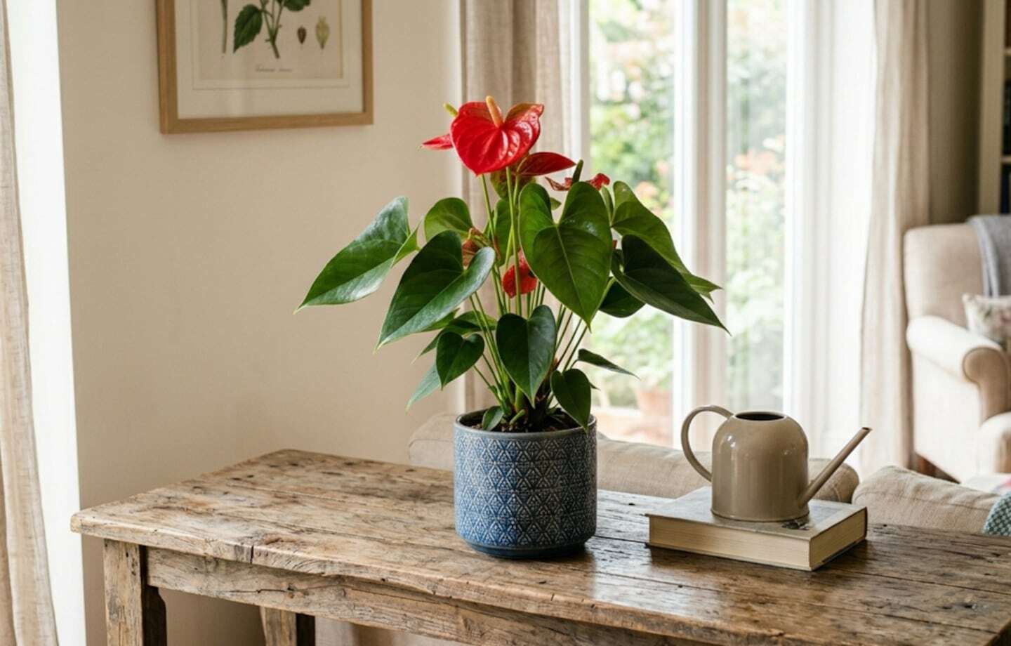 Planta de anturio en maceta sobre una mesa de madera