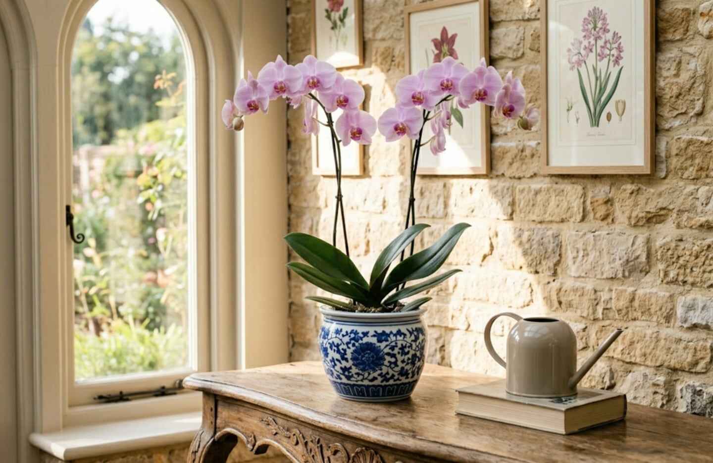 Orquídeas en una maceta decorativa sobre una mesa de madera junto a una ventana