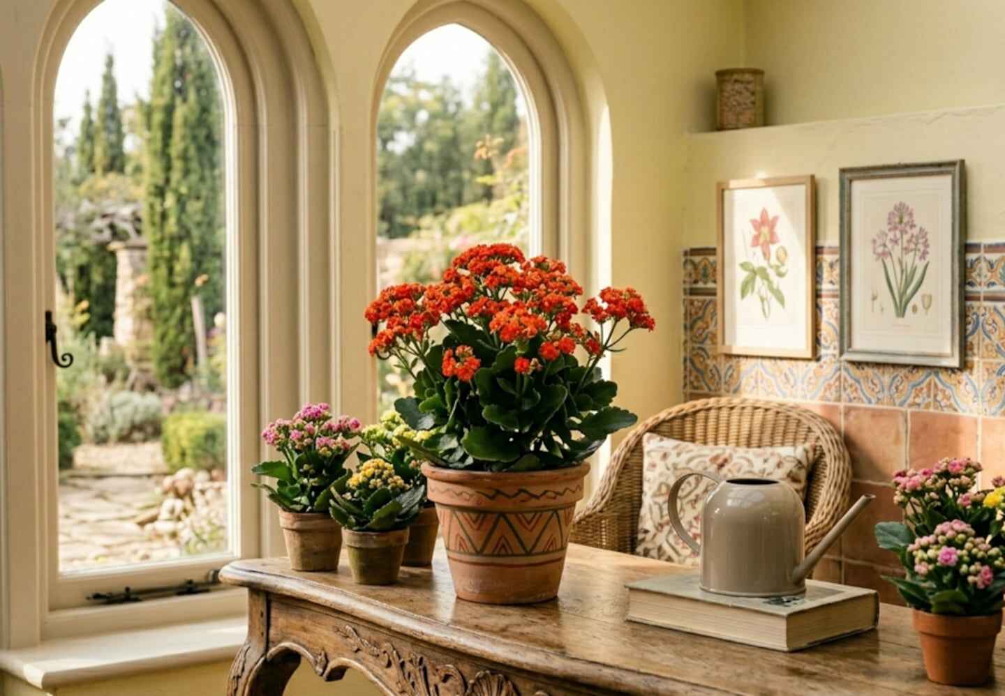Tres plantas de interior en macetas decorativas sobre una mesa de madera