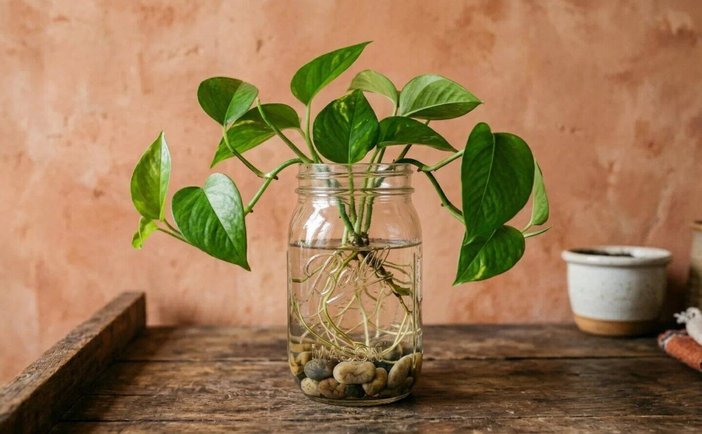 Planta potus en un frasco de vidrio con agua y piedras decorativas