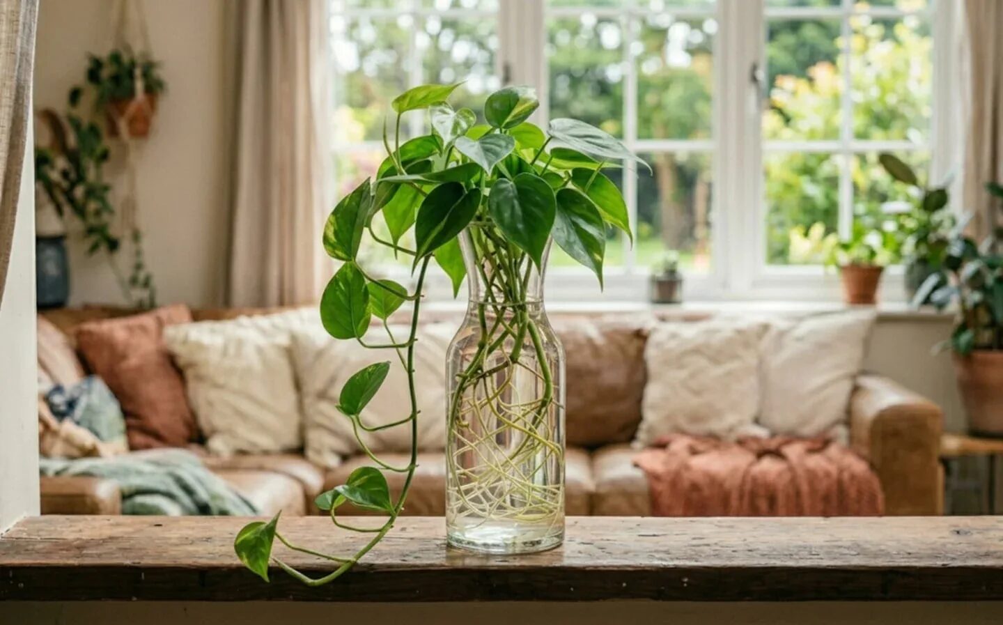 Planta potus en un jarrón con raíces visibles, decorando un hogar acogedor