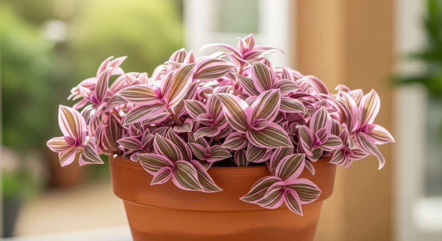 Planta Tradescantia con hojas rayadas en maceta de barro