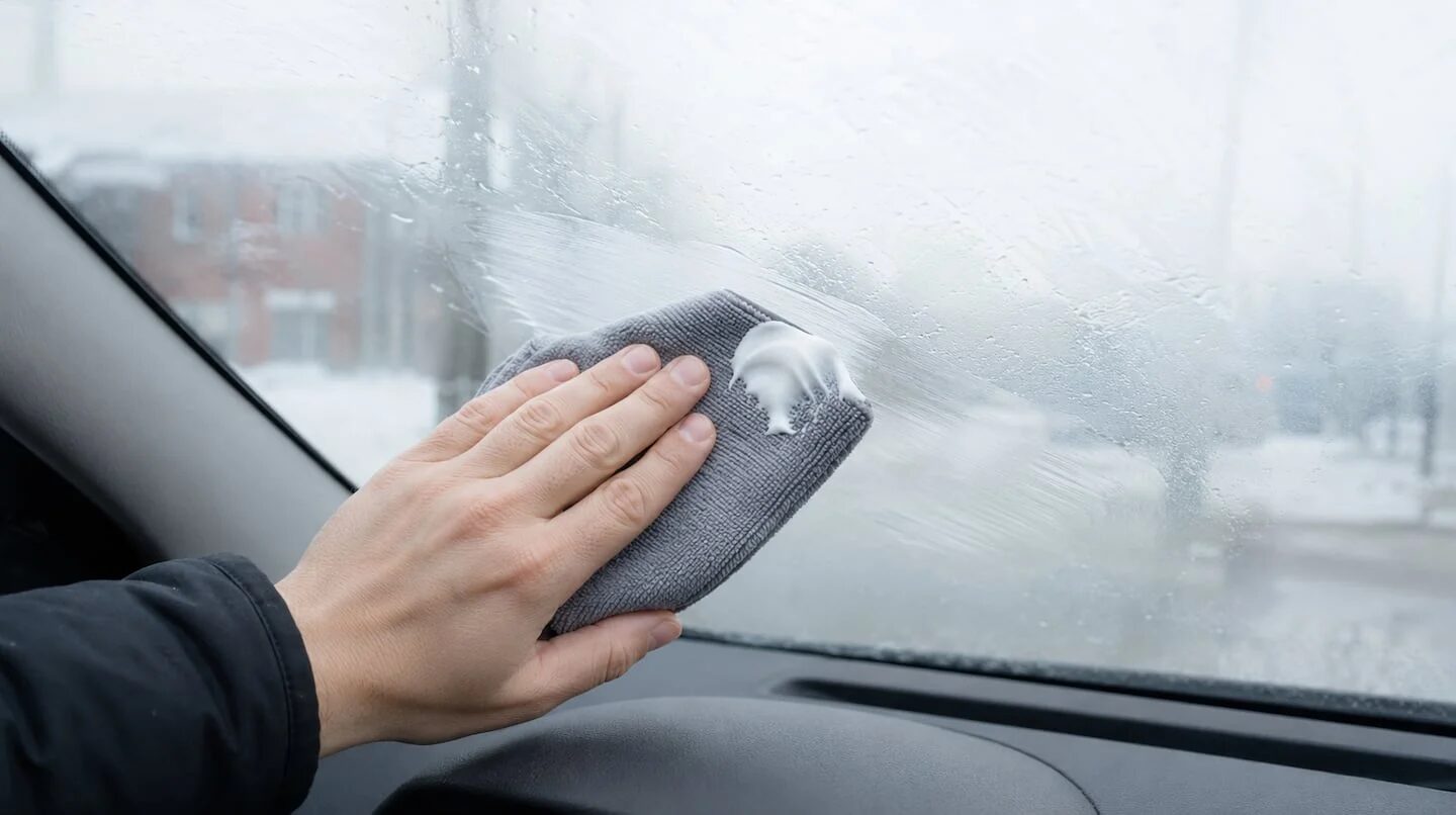Persona limpiando el vidrio de un auto con una toalla y espuma de afeitar en un día de invierno