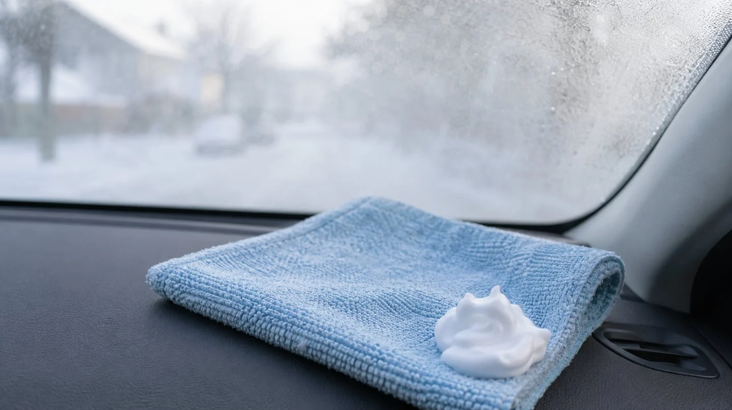 Toalla con espuma de afeitar sobre el tablero de un auto en invierno