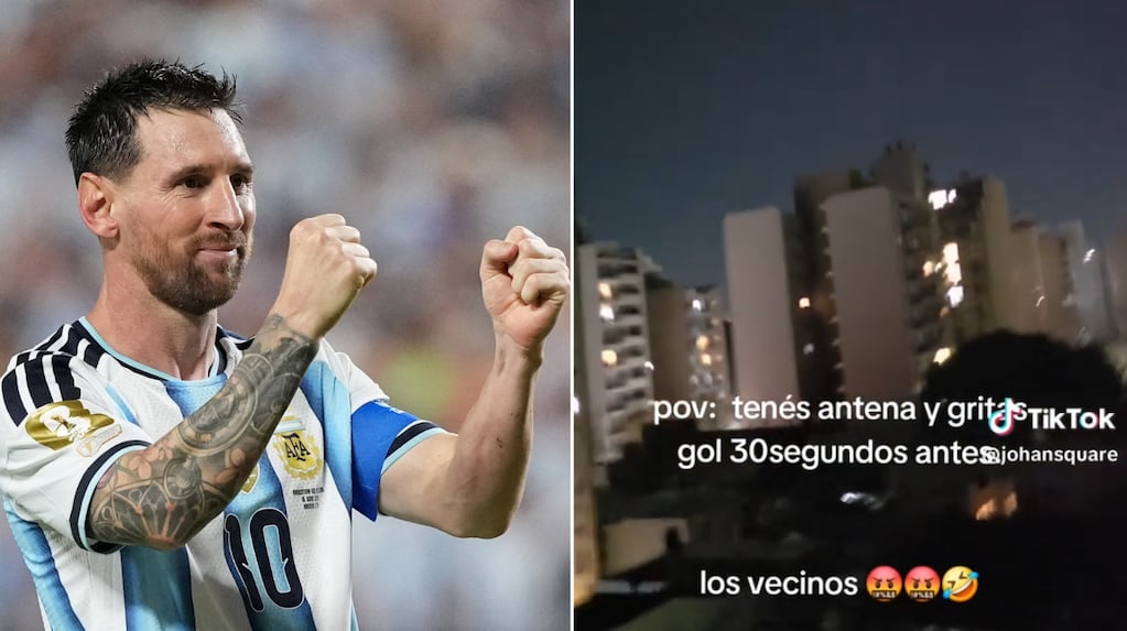 Hincha festejando el gol de Messi en el balcón