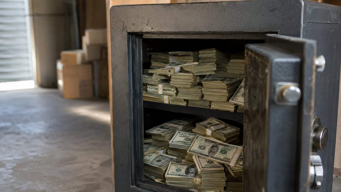 Caja fuerte abierta con billetes de dólares en un depósito abandonado