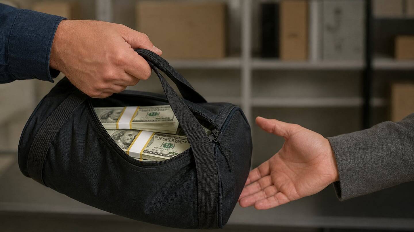 Un hombre entrega una bolsa con dinero en efectivo