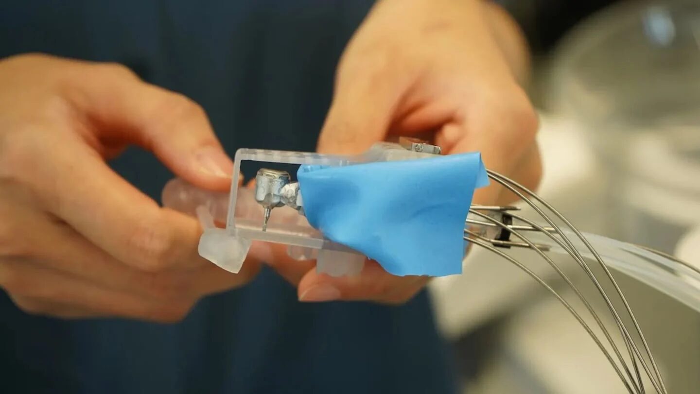 Robot dental en manos de un dentista, preparado para colocar coronas