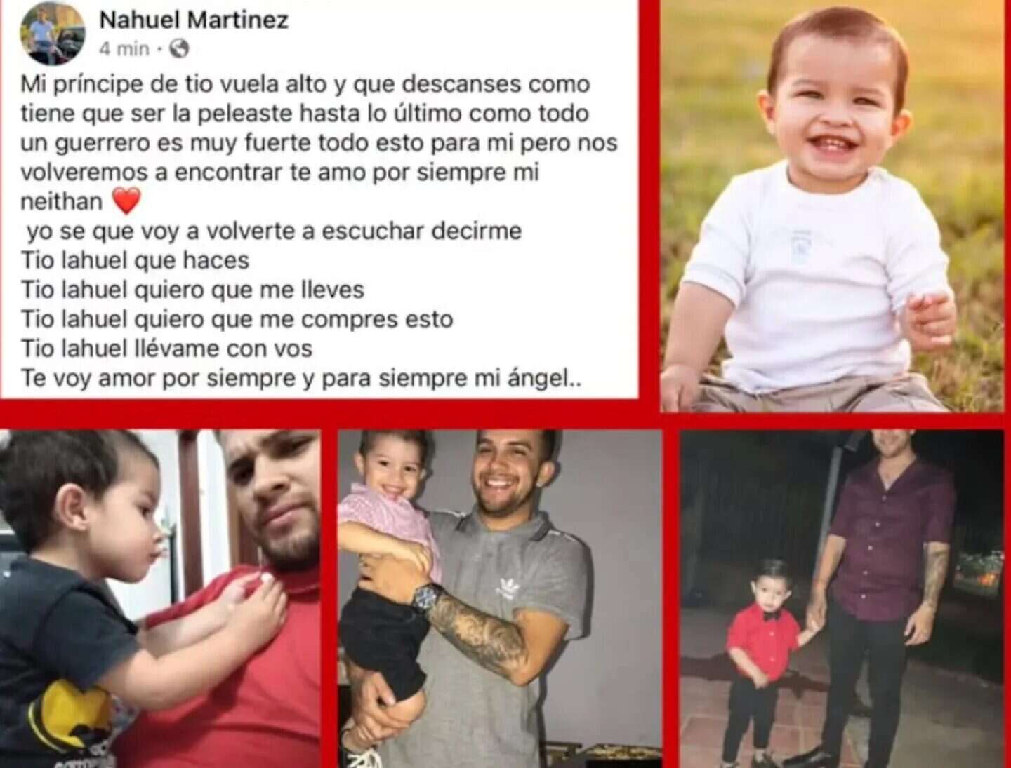 Collage de imágenes de Neithan Martínez, un niño de siete años, junto a su familia