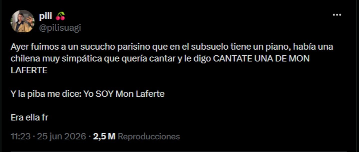 Tweet sobre una fan argentina que no reconoció a Mon Laferte en un bar de París