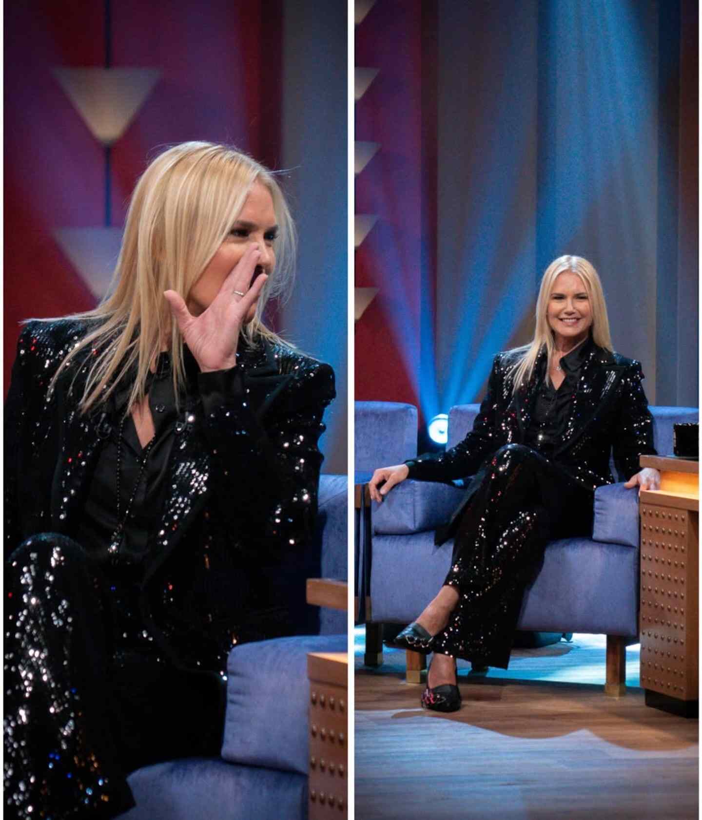 Valeria Mazza en un programa de televisión, vestida con un traje brillante y sentada en un sofá