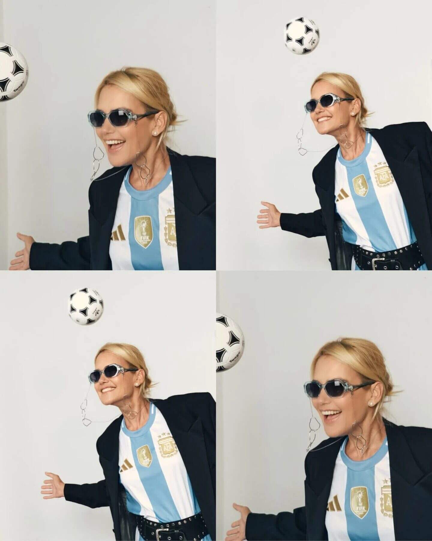 Valeria Mazza luciendo un estilo moderno con una camiseta de Argentina y gafas de sol