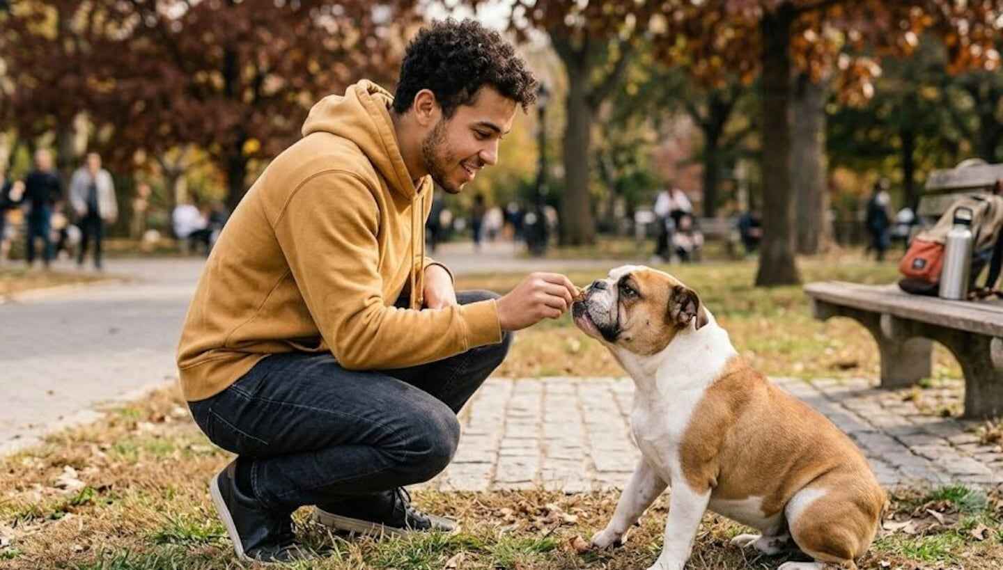 Hombre premiando a un perro bulldog en un parque durante su entrenamiento