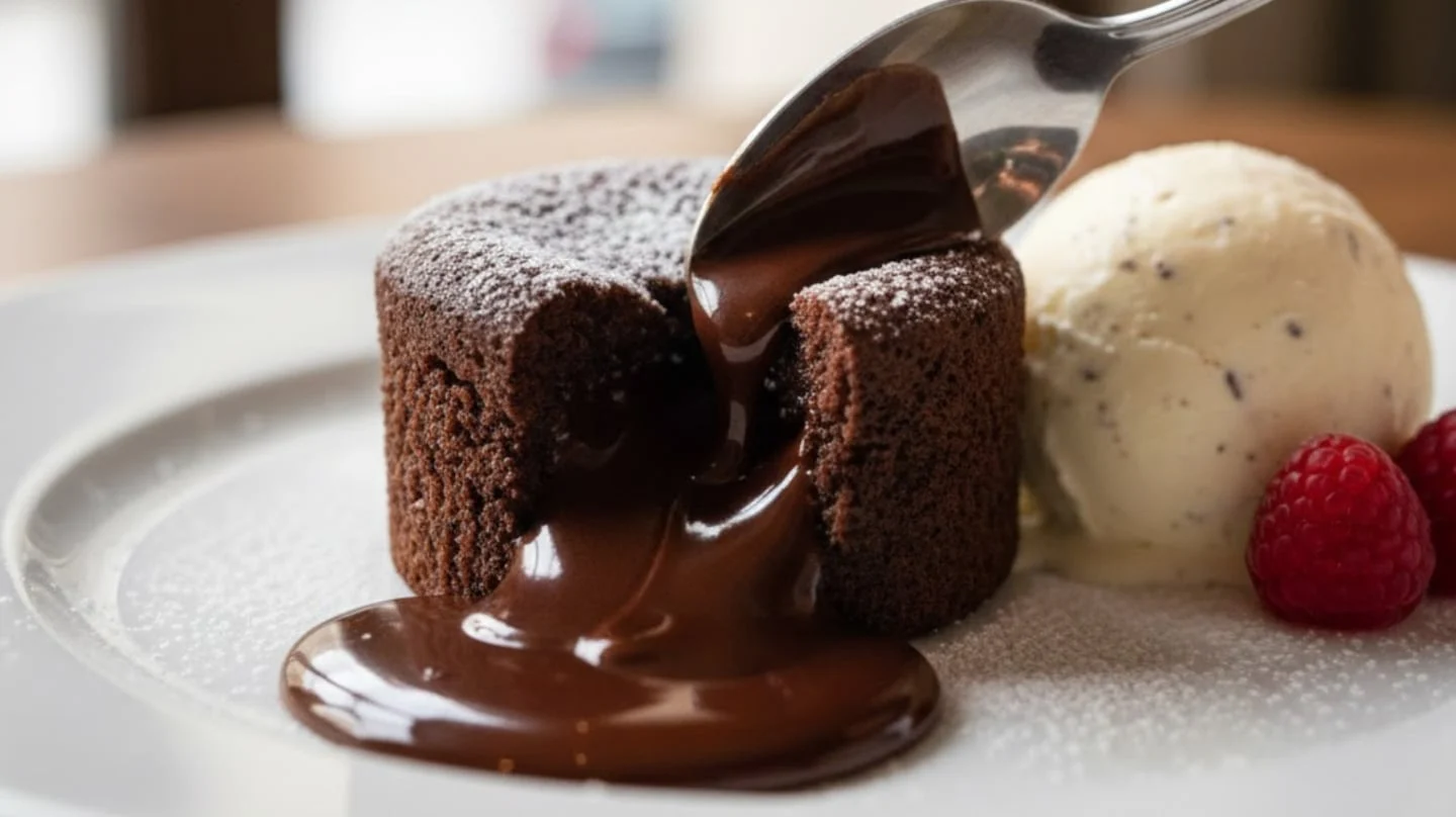 Volcán de chocolate sin harina con helado y frambuesas