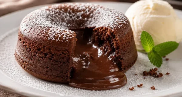 Volcán de chocolate recién horneado con helado