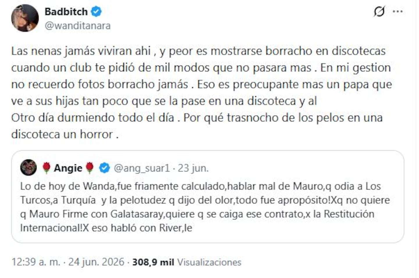 Publicación de Wanda Nara en Twitter sobre Mauro Icardi y la China Suárez
