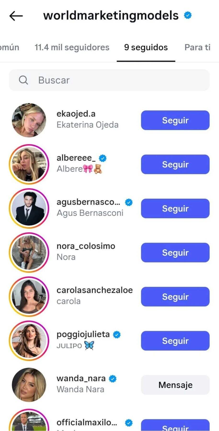 Captura de pantalla de la cuenta de Instagram de World Marketing Models con perfiles de talentos