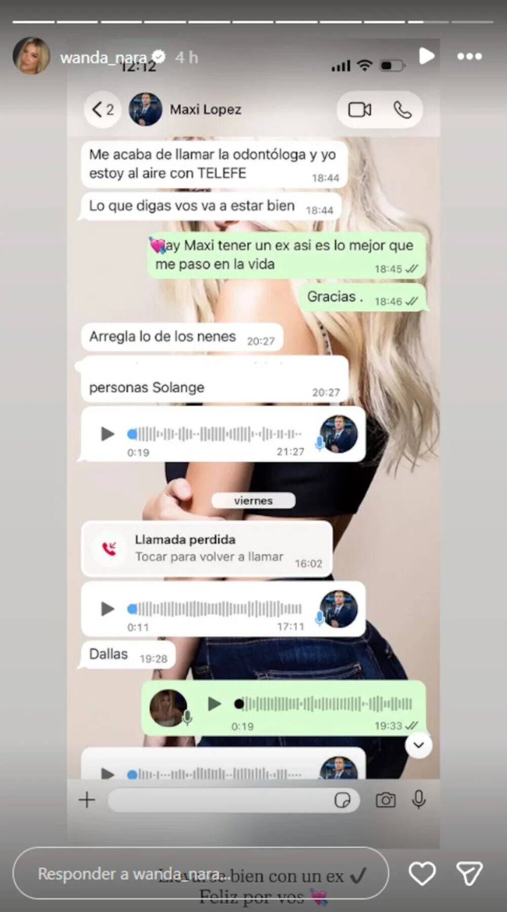 Captura de pantalla de una conversación de WhatsApp entre Wanda Nara y Maxi López