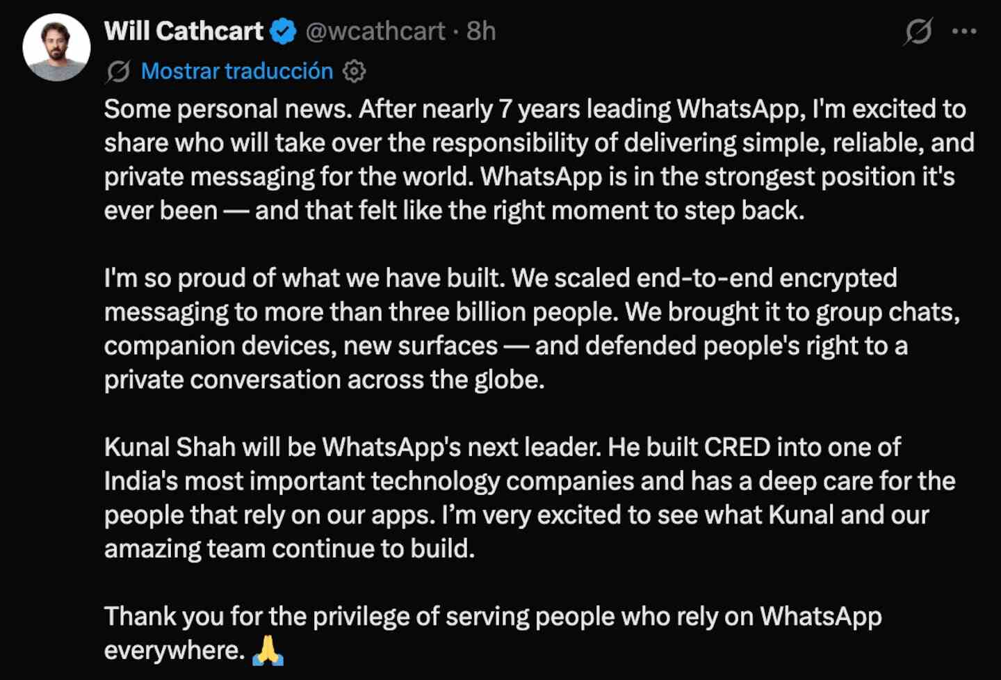 Publicación de Will Cathcart sobre su salida como CEO de WhatsApp
