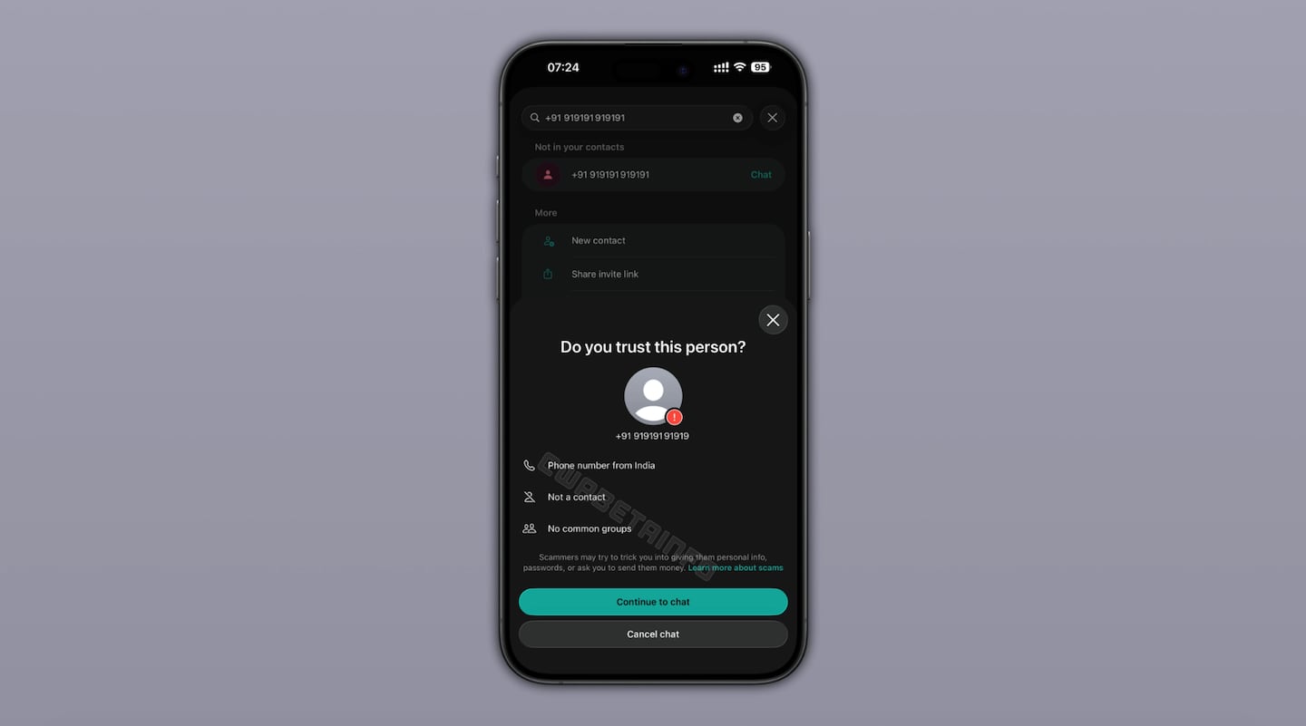 Pantalla de advertencia de seguridad en WhatsApp para chats con desconocidos