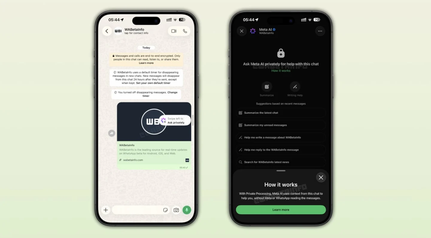 Pantallas de WhatsApp mostrando la nueva función 'Chat lateral' junto al modo incógnito