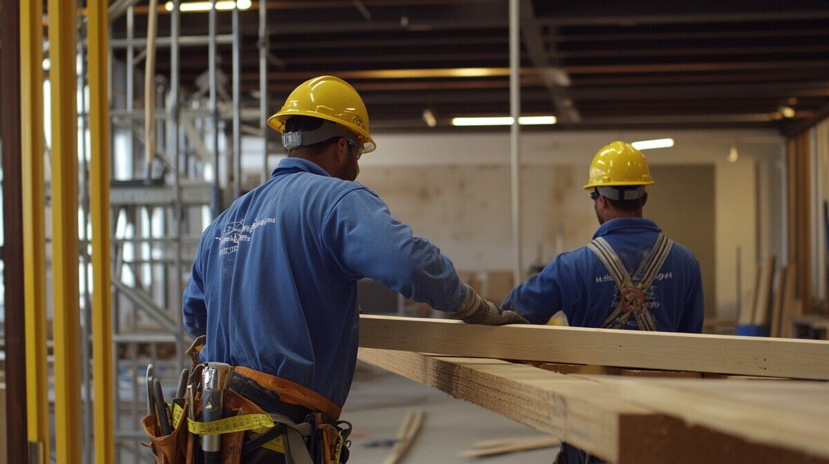 Trabajadores de la construcción con cascos amarillos en un sitio de obra